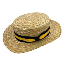 Zakira London Classic Straw Boater Hat Mens Medium Ribbon Bow Yellow Handmade